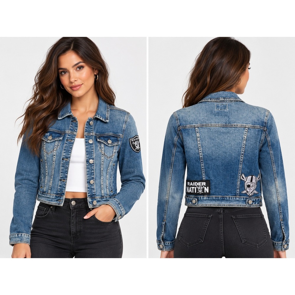 JUSTUSA Denim Jacket Womens Small Cropped Las Vegas Raiders Patches Medium Wash